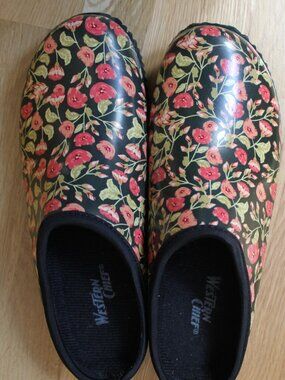 Western Chief Pretty black Pink  Floral Rubber Garden Clogs 9